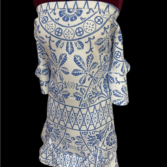 Blue & white tile grand millennial print off shoulder ruffle flounce mini dress - Picture 5 of 9
